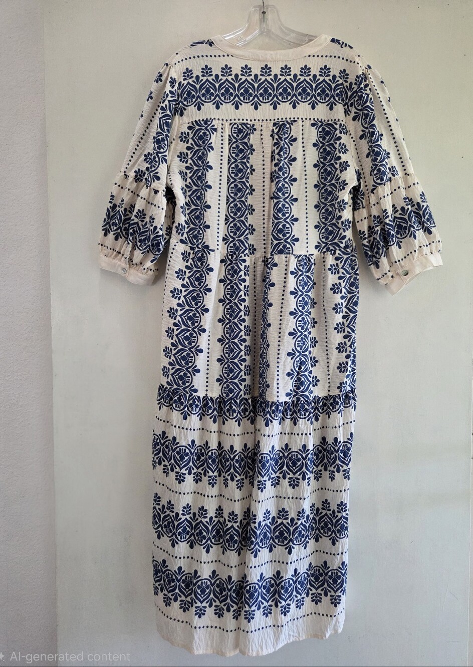 🆕️Fig + Flower 🌺 Women's Blue & Cream Embroidered V-Neck Large Midi Dress - Picture 2 of 11